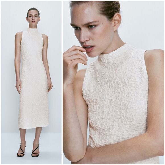 Massimo Dutti Textured Mock Neck Dress Sleeveless Turtleneck Midi, White - Picture 1 of 14